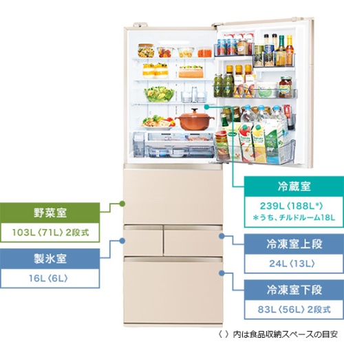 東芝　5ドア大容量冷凍冷蔵庫「VEGETA（ベジータ）」　(465L・右開き)　クリアグレインホワイト 画像3